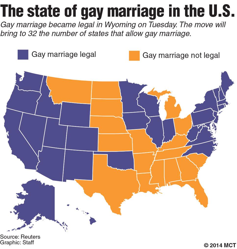 Updated map of the states where gay marriage is legal. MCT 2014