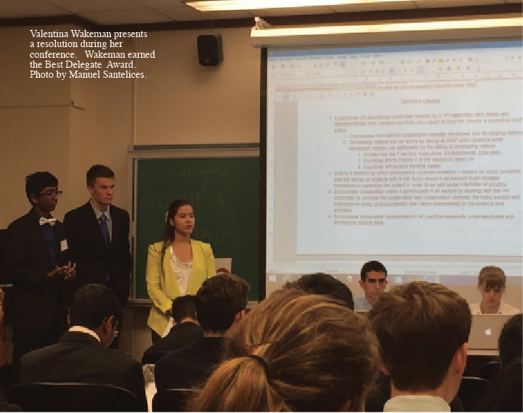 Valentina Wakeman presents a resolution during her conference.   Wakeman earned the Best Delegate  Award.  Photo by Manuel Santelices.