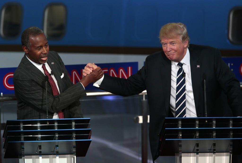 Republican presidential candidates Ben Carson, left, and Donald Trump during the GOP debate at the Reagan Library in Simi Valley, Calif., on Wednesday, Sept. 16, 2015. (Robert Gauthier/Los Angeles Times/TNS)