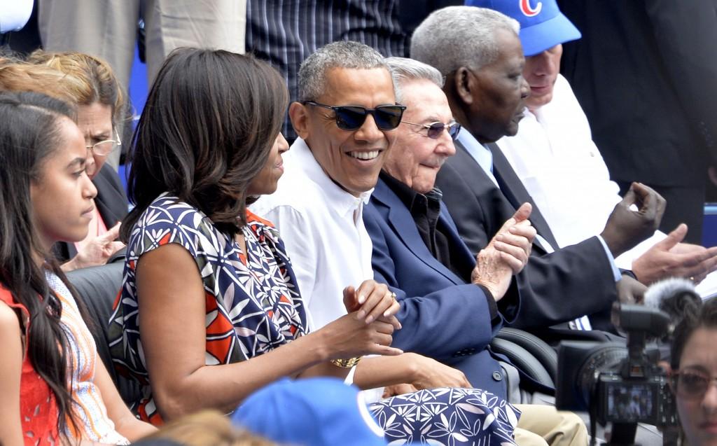 U.S. President Barack Obama with the First Family and Cuban President Raul Castro attend a baseball game on Tuesday, March 22, 2016 in Havana, Cuba. (Olivier Douliery/Abaca Press/TNS)