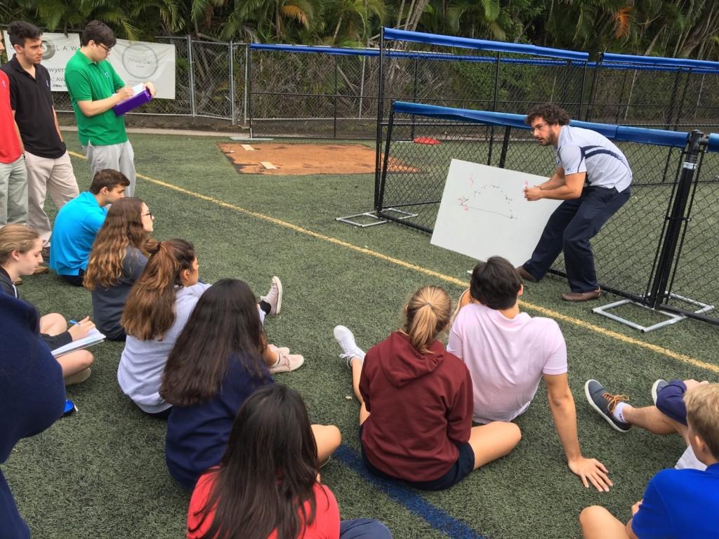 Students gather around Mr. Luis Luis Fayat as he lectures projectile motion on Tues. Sept. 13.