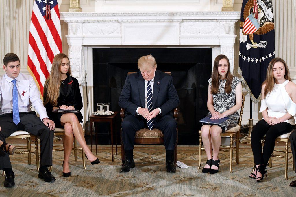 President Donald Trump meets with students, parents and teachers affected by mass shootings in Parkland, Fla., Newtown, Conn., and Columbine, Colo., to search for policies to keep Americas schools safe in the State Dining Room of the White House on Wednesday, February 21, 2018 in Washington, D.C. (Olivier Douliery/Abaca Press/TNS)