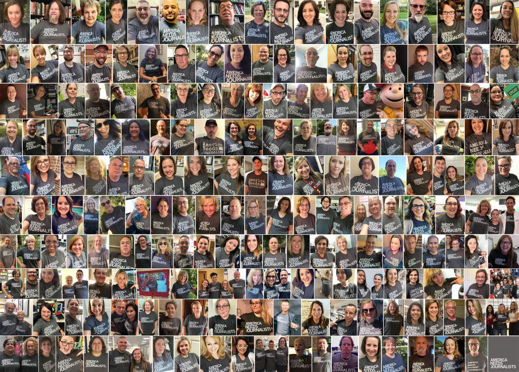 Journalism teachers and staff members from across the US take a selfie wearing their America Needs Journalists shirts. JEA president Sarah J. Nichols compiled the pictures as a symbol of support and unity. Photo composite by Sarah J. Nichols.