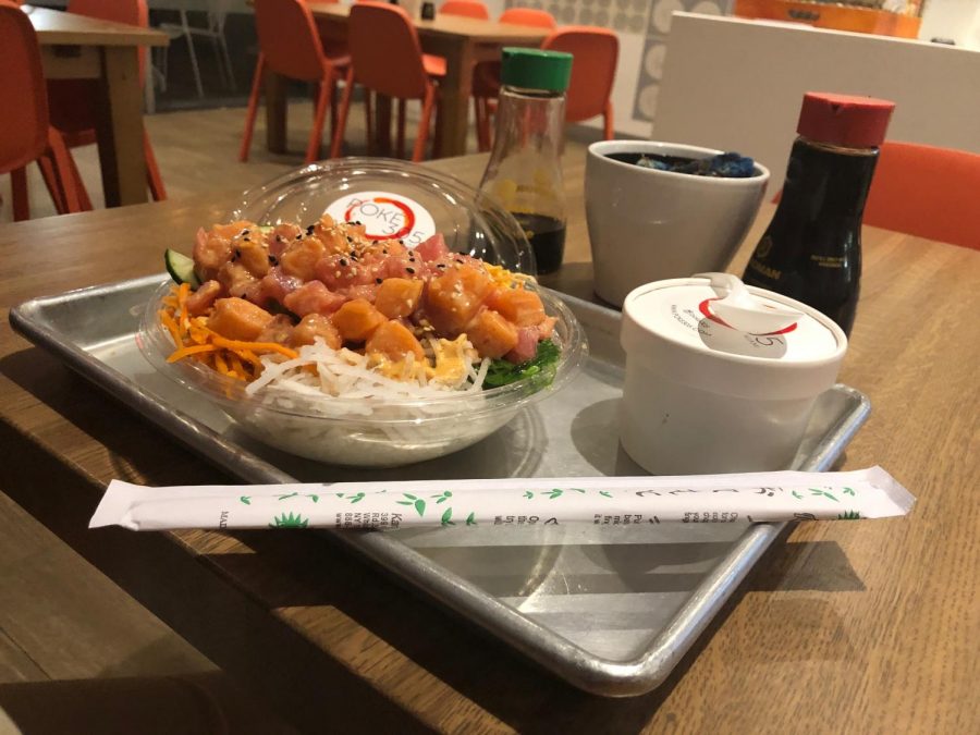 The Big Mao poke bowl with chopsticks and Miso Soup at Poke 305 in Coconut Grove. 