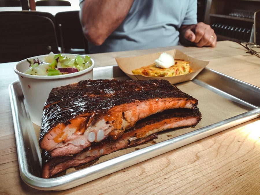 The smoked pork ribs are very tender and flavorful, and make the perfect barbecue lunch when served with homemade coleslaw and spicy corn pudding.