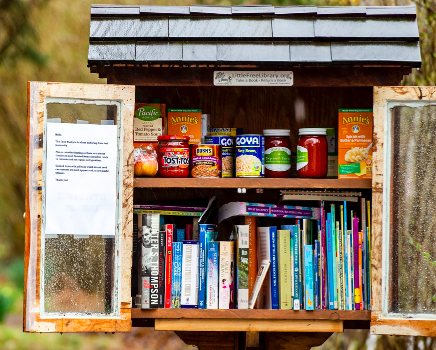 Little Food Pantry on Prospect Avenue in Bethlehem. Little Free Library wooden street corner kiosks have now become Little Food Pantries in neighborhoods throughout Lehigh Valley. These offer canned goods and non-perishable food items for people in need.