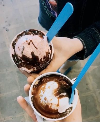 Sophomore Kathleen Lewis and sophomore Carina Villalona enjoy a vanilla ice cream with M&Ms and hot fudge and a red velvet ice cream with Oreos mixed in and hot fudge on top. These are just two examples of the many delicious ice creams you can craft at Chill-N Nitrogen Ice Cream in South Miami.