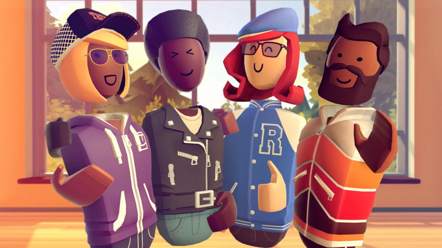 Several players pose together for a picture in the VR game Rec Room. Virtual reality is a fun and creative way to connect with friends while social distancing. Used with permission from RecRoom, Inc.
