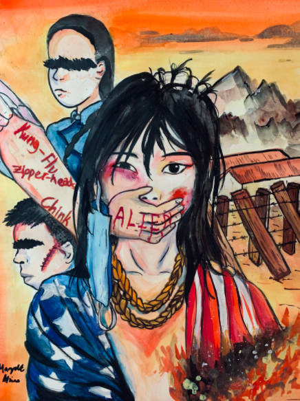 Junior Margaret Miao reflected on the experiences with discrimination of herself and other Asian Americans in her writing piece, Arent I An American? She created this art piece with watercolors and Chinese ink.