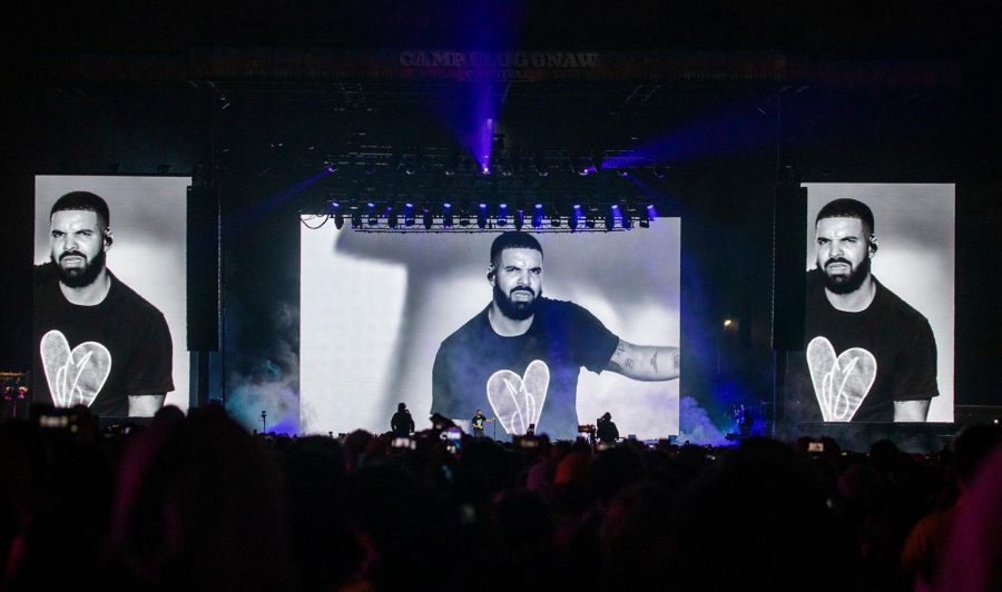 Drake is seen performing on a large television screen as he performs as one of three mystery guests of Tyler The Creator on the final day of Camp Flog Gnaw Carnival at Dodger Stadium parking lot on Nov. 10, 2019, in Los Angeles.