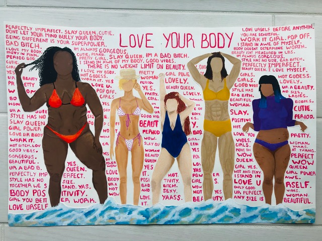 Student artwork depicting the many shapes and sizes in which people naturally are. It is important that everyone can feel included and represented in the media, regardless of their body type.