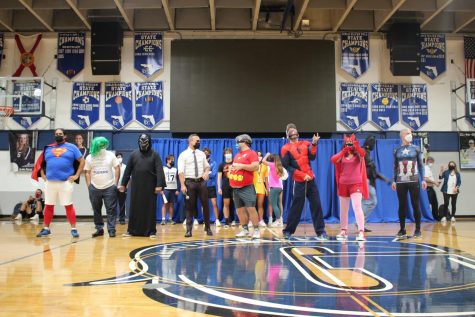 For the annual teacher skit, teachers dressed up as superheroes as a comical surprise for the students. The performance accompanied a video the teachers made and displayed at the pep rally.