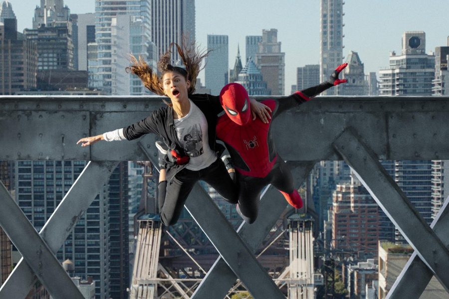 MJ (Zendaya) and Spider-Man (Tom Holland) jump off a bridge in Spider-Man: No Way Home.