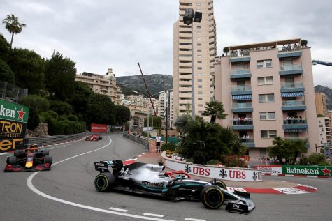 Lewis Hamilton of Great Britain leads Max Verstappen of the Netherlands on track during the F1 Grand Prix of Monaco at Circuit de Monaco on May 26, 2019, in Monte-Carlo, Monaco.