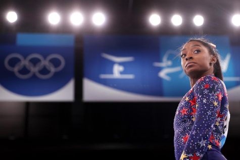 Simone Biles of Team United States looks on during Womens Qualification on day two of the Tokyo 2020 Olympic Games at Ariake Gymnastics Centre on Sunday, July 25, 2021 in Tokyo, Japan.