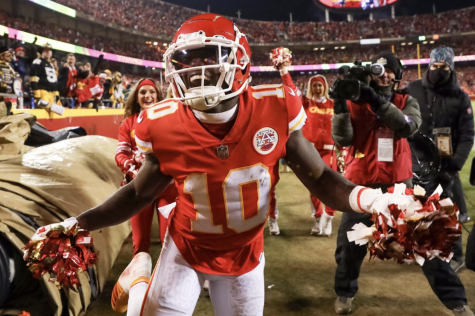 Kansas City Chiefs wide receiver Tyreek Hill (10) celebrates after scoring a touchdown against the Pittsburgh Steelers in the third quarter of an AFC Wild Card Playoff game at Arrowhead Stadium on Jan. 16, 2022, in Kansas City, Missouri.