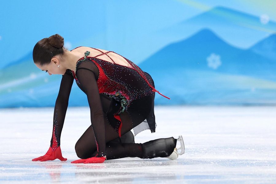 Kamila Valieva of Team ROC falls during the Women Single Skating Free Skating on day thirteen of the Beijing 2022 Winter Olympic Games at Capital Indoor Stadium on Feb. 17, 2022, in Beijing, China.