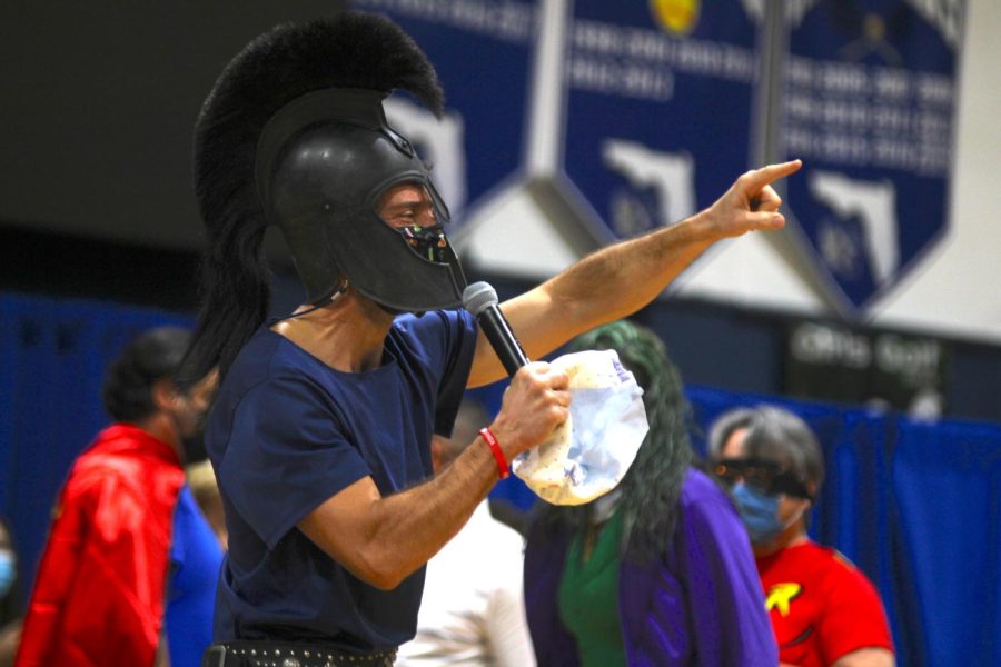 Physics teacher Luis Luis Fayat dresses as the Gulliver Raider at a pep rally.