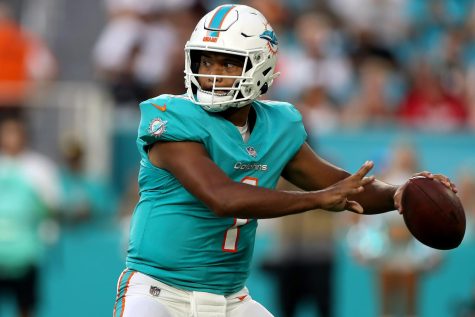 Tua Tagovailoa (1) of the Miami Dolphins throws a pass during the first quarter against the Las Vegas Raiders at Hard Rock Stadium on Aug. 20, 2022, in Miami Gardens, Florida. (Megan Briggs/Getty Images/TNS)