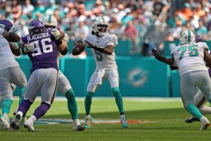 Miami Dolphins quarterback Teddy Bridgewater sets up to pass against the Minnesota Vikings during the first half at Hard Rock Stadium on Sunday after Skylar Thompson was hurt.
