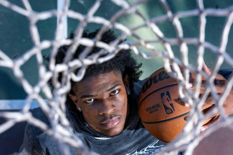 Scoot Henderson of G League Ignite on Oct. 1, 2022, in Henderson, Nevada. He takes a break from practice hanging out on the basketball court at Dos Escuelas Park not far from his home.