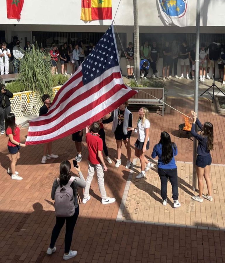 The flag was retired by student government during an atrium assembly meant to honor the veterans of past wars.