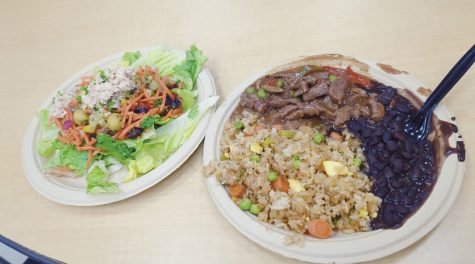 A simple salad next to some fried rice, beans, and beef.