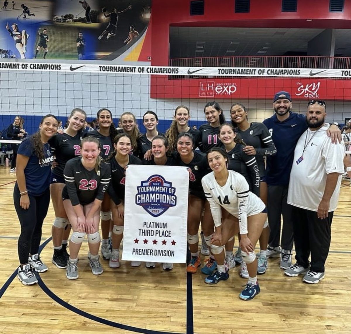Girls Varsity Volleyball celebrating after placing 3rd in the Nike Tournament of Champions Premier Division. The group only lost once throughout the tournament and solidified themselves as a top highschool team in the nation. Photo provided by @gullivergirlsvolleyball