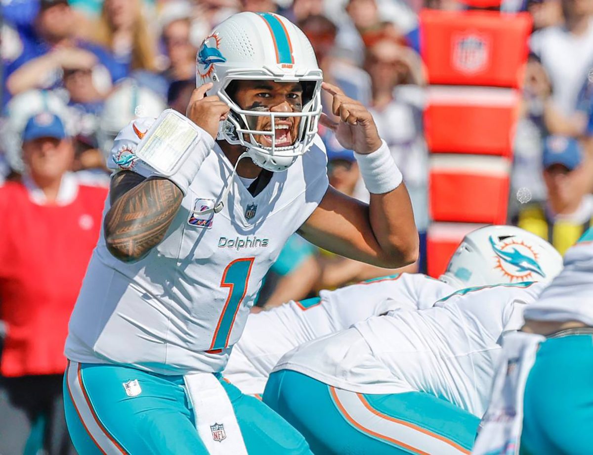 Miami Dolphins quarterback Tua Tagovailoa (1) calls out signals during the first half against the Buffalo Bills at Highmark Stadium on Oct. 1, 2023, in Orchard Park, New York. (Al Diaz/Miami Herald/TNS)