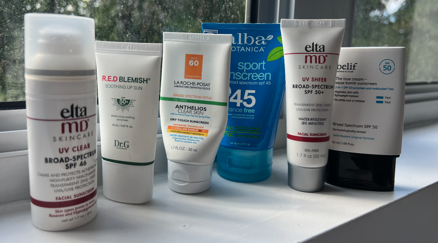 An array of sunscreen brands and types are lined up. With the wide variety of sunscreen there is, its important to choose the one that best fits your priorities and budget. 