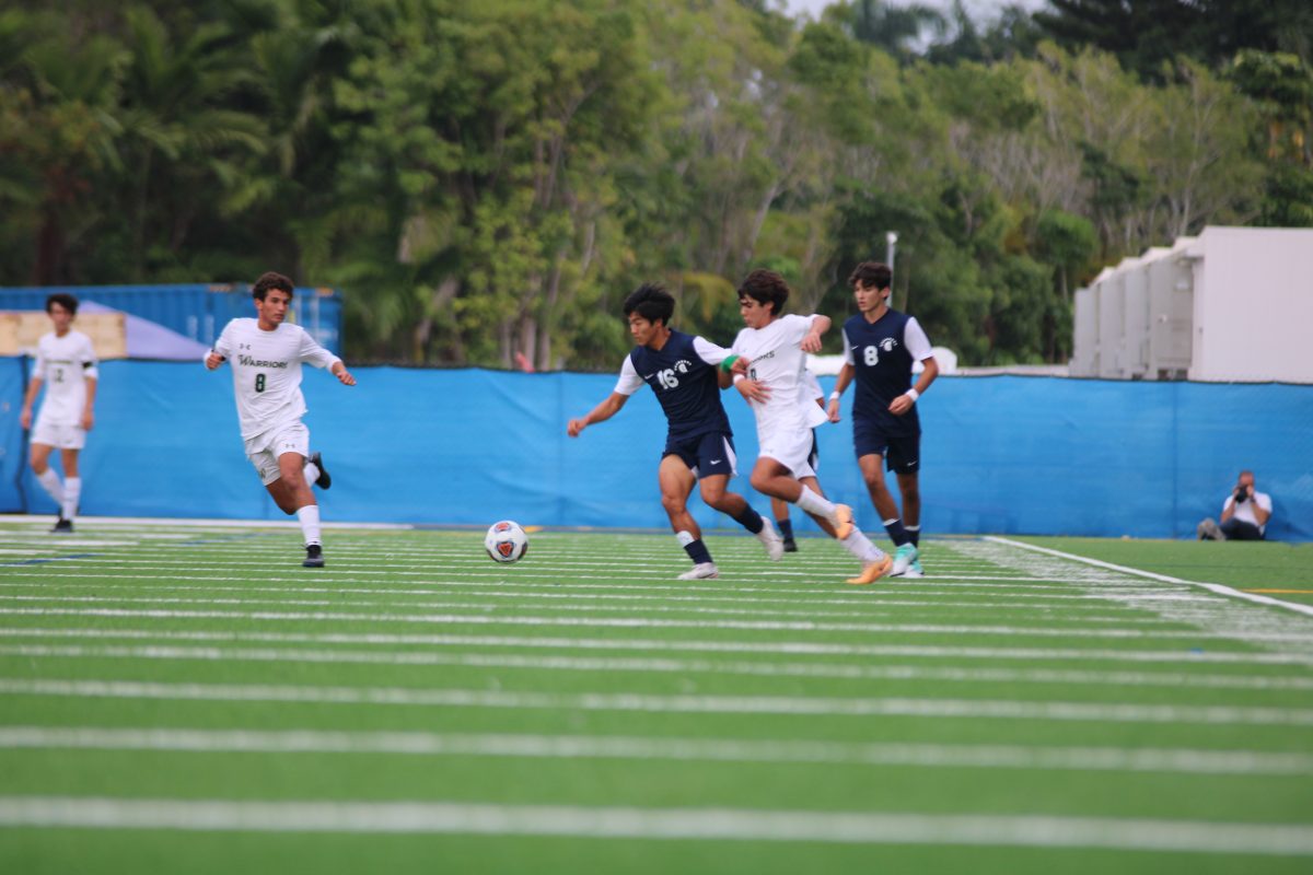 Taro Ochi runs and protects the ball from the Warriors defender behind him. He scored the first goal of the game after Cosme Salas’s freekick hit the wall and rebounded for Ochi to header it in. Ochi has now scored in two games in a row and hopes to continue to score in future games.