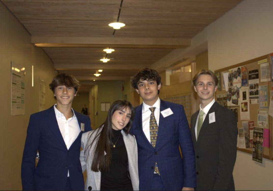From left to right: Tomas Bellatin, Ana Guimaraes, Eduardo José-Castro, and Connor Sholz stand in the halls of the Dartmouth Model United Nations Conference (DartMUN). At DartMUN, students took on the role of international delegates and work to find solutions to problems in the real world. I love being a part of Model UN because debates like these help me develop public speaking and research skills, all of which are important if I were to pursue a job in the political field in the future, José-Castro explained.