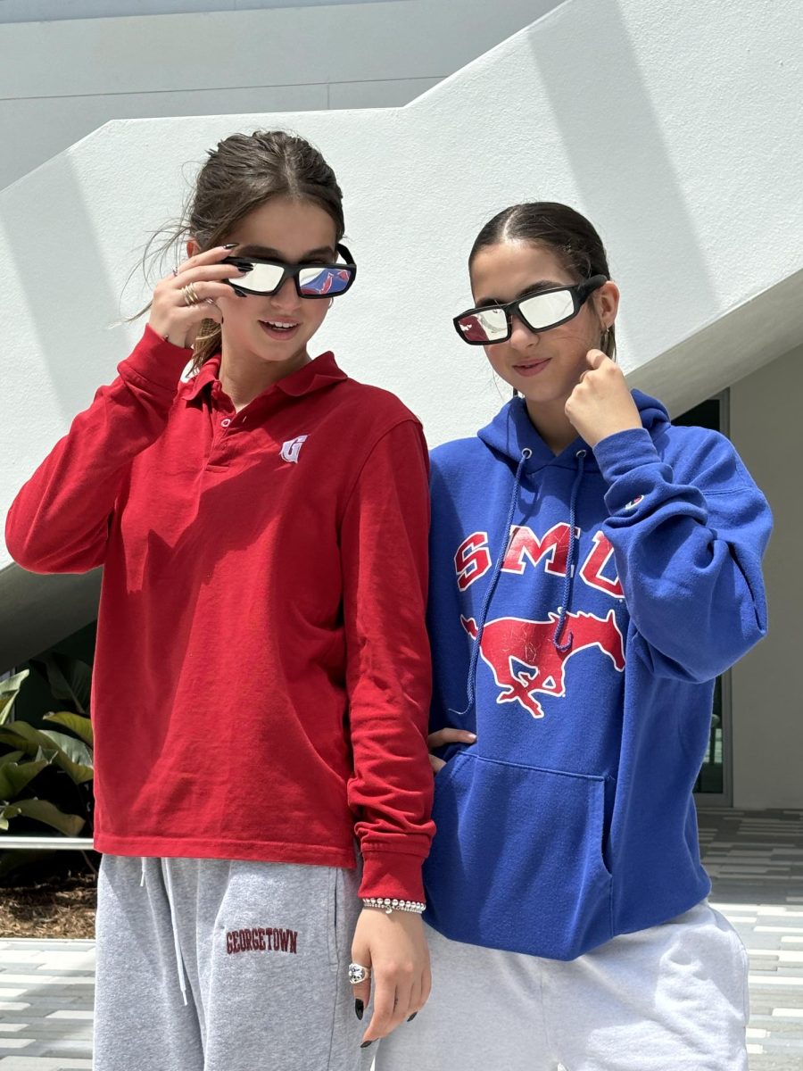 Junior Marianne Arana and sophomore Valeria Arana pose with the solar viewing glasses they brought from home.
