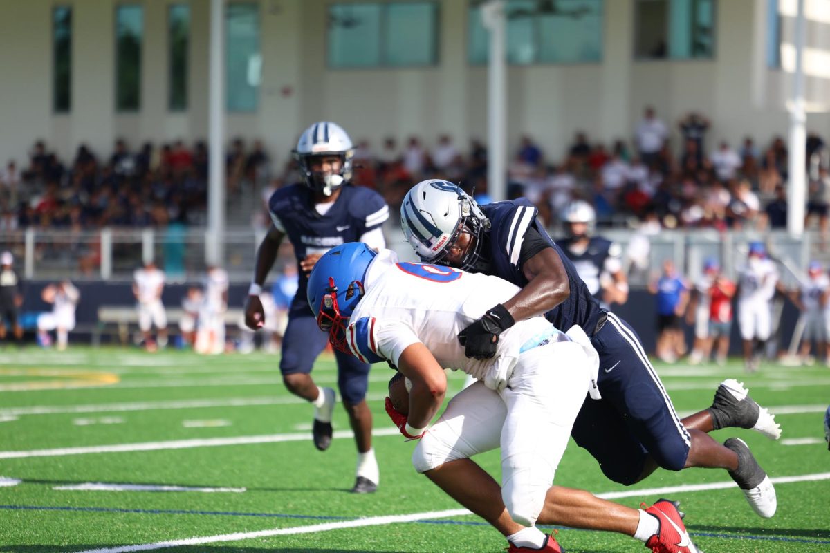 Sophomore linebacker Muarice Gage tackles King’s academy running back. Gage was coming off a game where he posted 12 total tackles and one sack according to Maxpreps. 