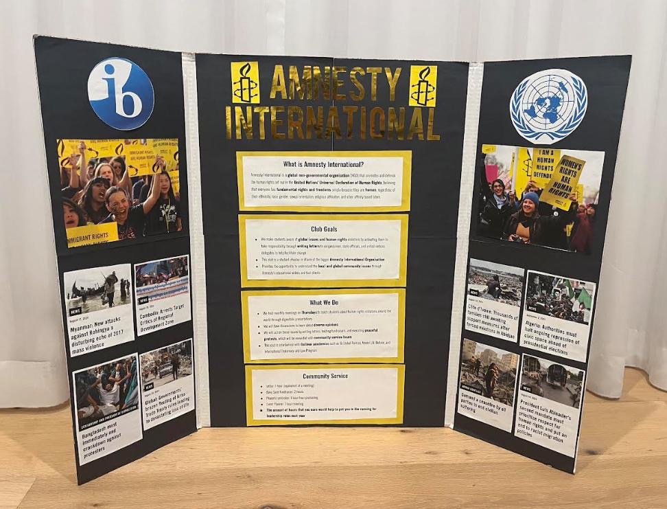 Seniors Olivia Pozo and Sam Levinger presented their poster board for Amnesty International during Club Rush. Amnesty International is a beacon of hope and justice dedicated to alleviating the suffering caused by human rights violations worldwide. The movement, an extensive network of activists and supporters extending far beyond our school, consists of more than 10 million people advocating for a future where everyone enjoys and exercises human rights.

“I look forward to participating in human rights advocacy, raising awareness of global issues, and contributing to campaigns that promote justice and equality,” senior Alexis Melchor said.