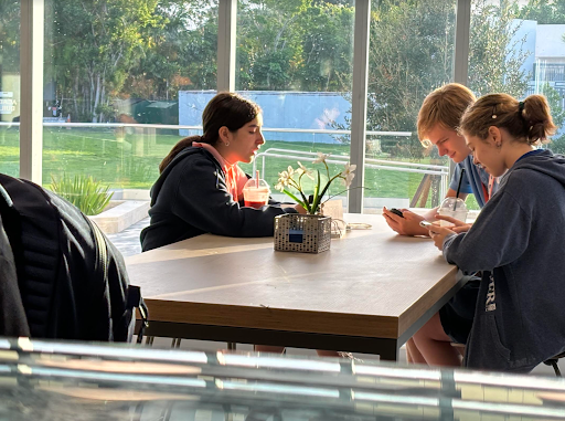 Many students are using the café to chat with their friends and spend time together.  Miranda Canals-Vazquez and her friends enjoyed a smoothie in the morning while talking and using their phones.
