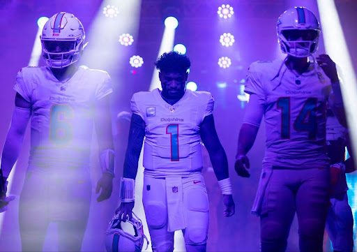 Miami Dolphins quarterback Tua Tagovailoa (1) makes his way onto the field before his NFL game against the Buffalo Bills at Hard Rock Stadium on Sunday, Jan. 7, 2023, in Miami Gardens Florida. (Matias J. Ocner/Miami Herald/TNS)