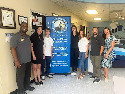 Alina Gonzalez and Sebastian Luna stand alongside Westminster Christian School and Ruth Owens Krusé Education Center members. They visited Ruth Owens Krusé Education Center, the school where the Be the Light club will perform their “Passion Project”.