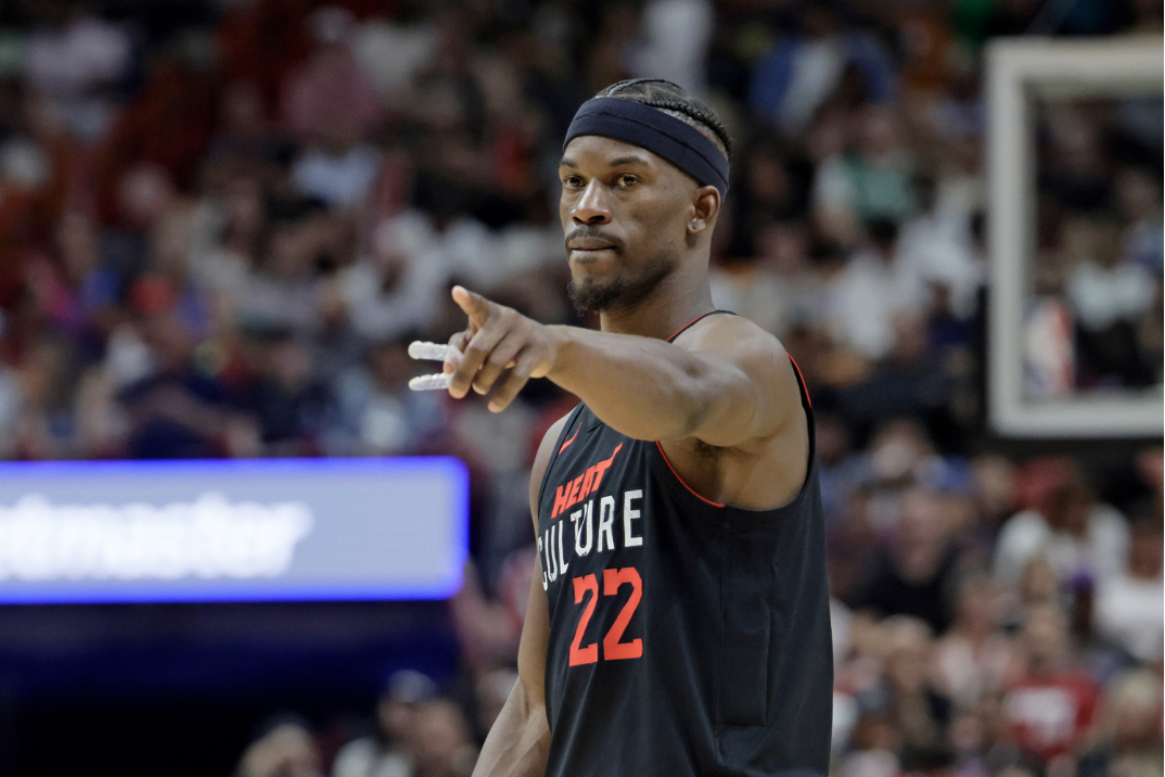 Miami Heat forward Jimmy Butler gestures during his game against the Denver Nuggets at Kaseya Center on Wednesday, March 13, 2024 in Miami. (John McCall/South Florida Sun Sentinel)