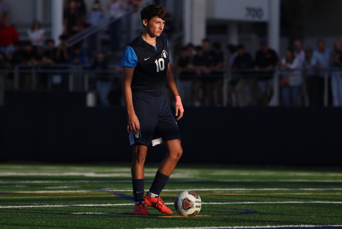 Senior midfielder Nicolas Pineros lines up his penalty shot. Pineros would end up scoring this goal giving him two on the day.