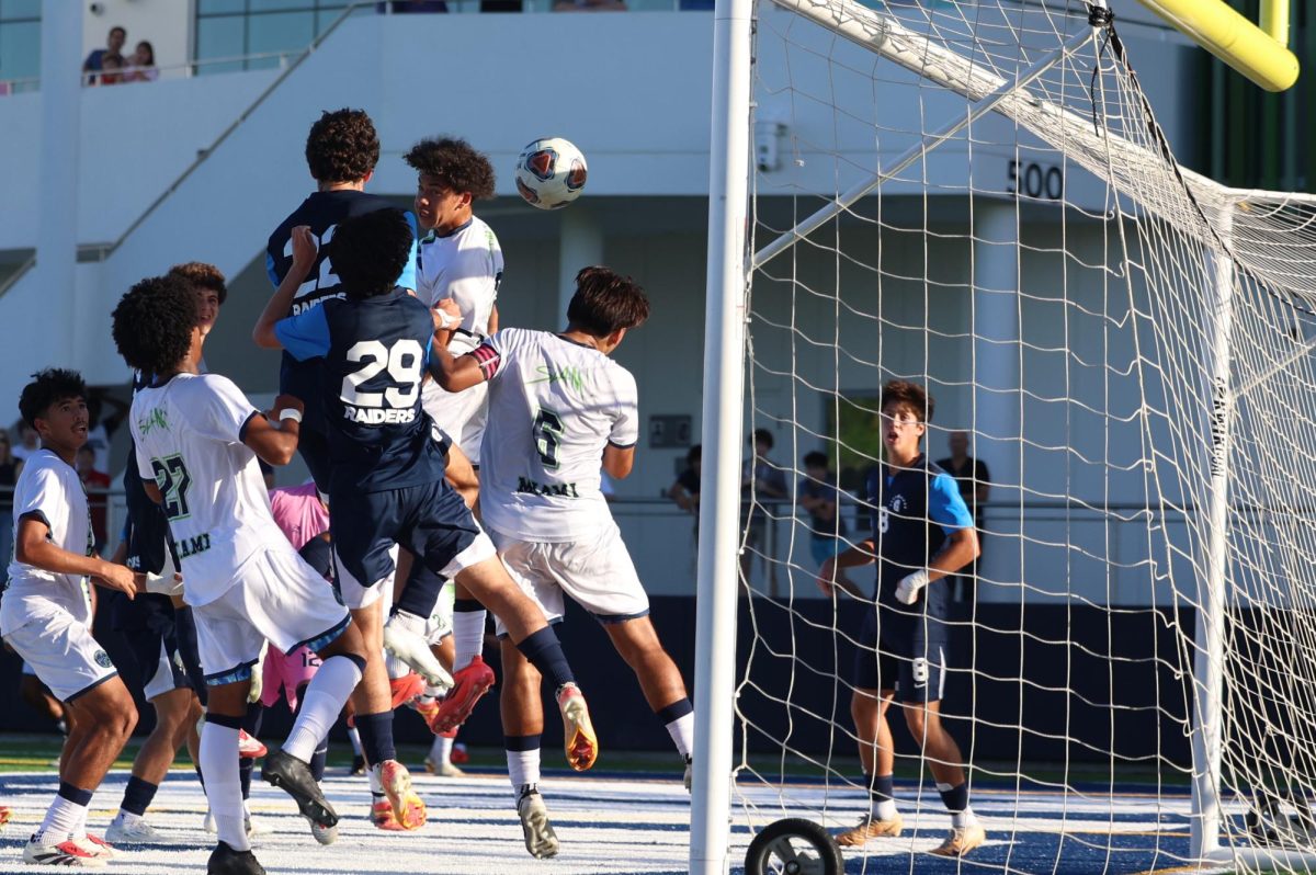 Senior midfielder Nicolas's Pineros (not pictured) corner kick shot sails past SLAM defenders. The goal occurred with 59 seconds left and was the equalizer in regulation time.  