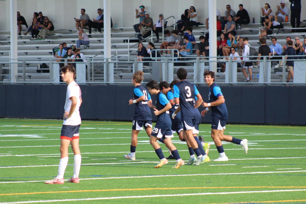 Raiders celebrating the first goal scored by senior Cristian Murciano. This was the defender’s first of the season which put the Raiders towards the end of the first half. 