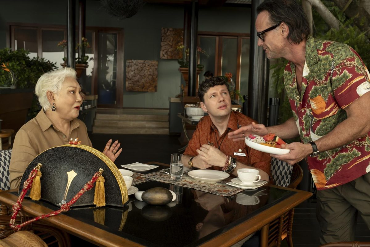 “The White Lotus,” Mike White’s black comedy anthology series, is back on HBO for a third season. Sritala (Lek Patravadi) at breakfast with Fabian (Christian Friedel) as Rick (Walton Goggins) approaches with an invite. (Fabio Lovino/HBO/TNS)