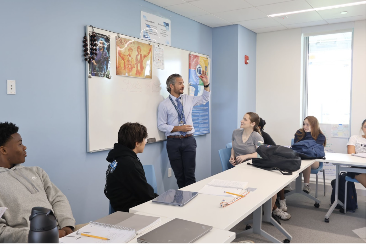 Kyle Byrnes, Entrepreneurship teacher, prepares students for the big day. He speaks about topics surrounding entrepreneurship while students take notes. Students were engaged and eager to be confident during the presentations.