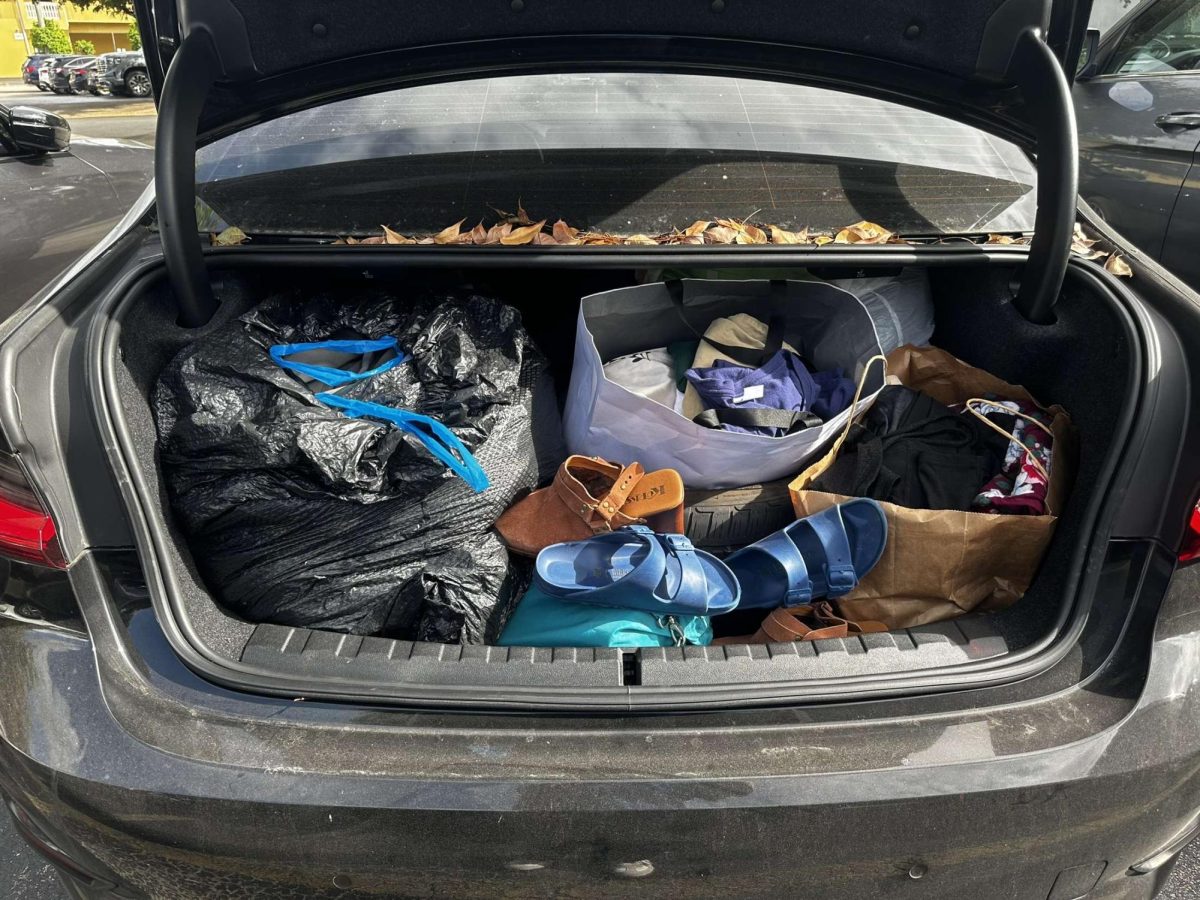 Lily's trunk packed with bags of second hand clothing. She will be donating these articles of clothing to Yad Leah which will give them to Israeli civilians.
