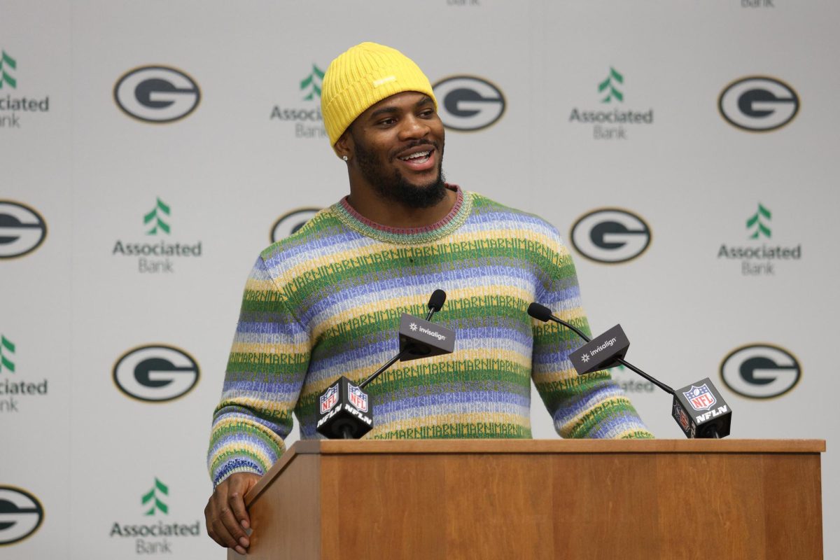 Former Dallas Cowboy Micah Parsons speaks to the media during a news conference, after being traded to the Green Bay Packers, at Lambeau Field on Aug. 29, 2025, in Green Bay, Wisconsin. (Jayden Mack/Getty Images/TNS)