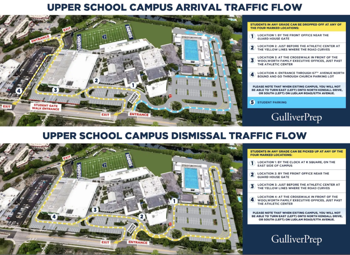 The Upper School campus map shows the updated arrival and dismissal traffic flow for the 2025–26 school year. Administrators implemented new entrance and exit routes to reduce congestion during peak hours. The change aimed to make morning drop-off and afternoon pickup safer and more efficient for drivers and students.