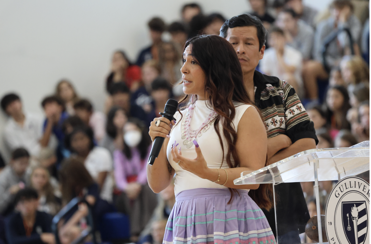 Cheyenne Kippenberger and Talbert Cypress spoke to the students about traditions and their way of life. They expressed their feelings and experiences about what their cutlural meant to them. It was a very meaningful speech about the importance of traditions. 