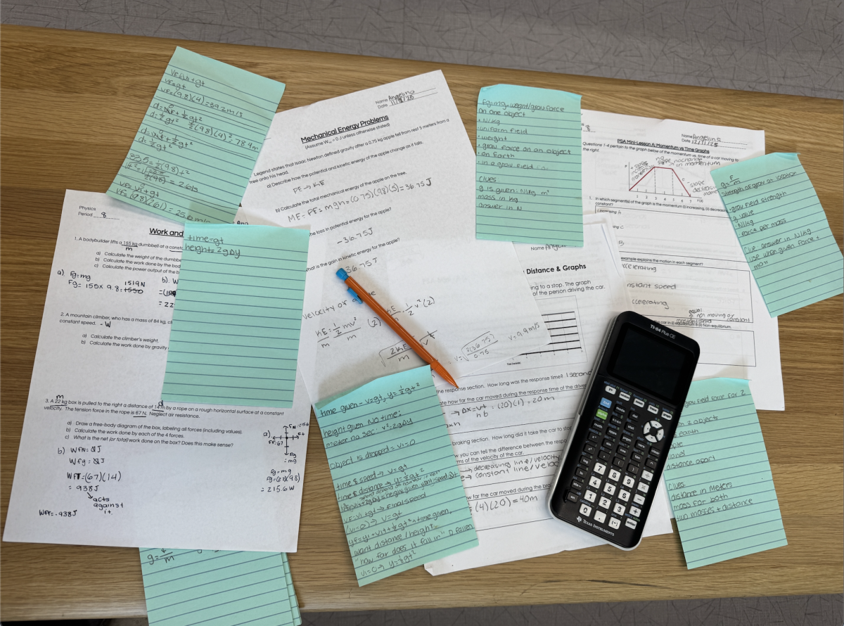 A student’s desk is covered in physics worksheets, notes, and assignments. The materials had been collected over several nights of homework and exam preparation. The workload reflected growing concerns about how much work students are expected to complete outside of class.