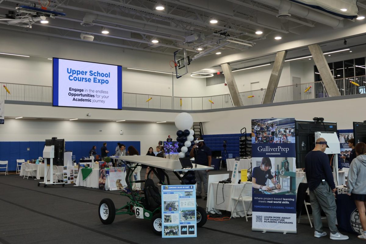 Student- and teacher-run booths fill the HU Court during the annual Course Expo, where departments showcased academic programs and course offerings. The event allowed students to explore core classes, signature programs and elective pathways.